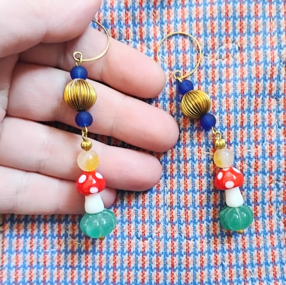 XL Handmade Mushroom and Carved Emerald Earrings - Picture 3 of 5